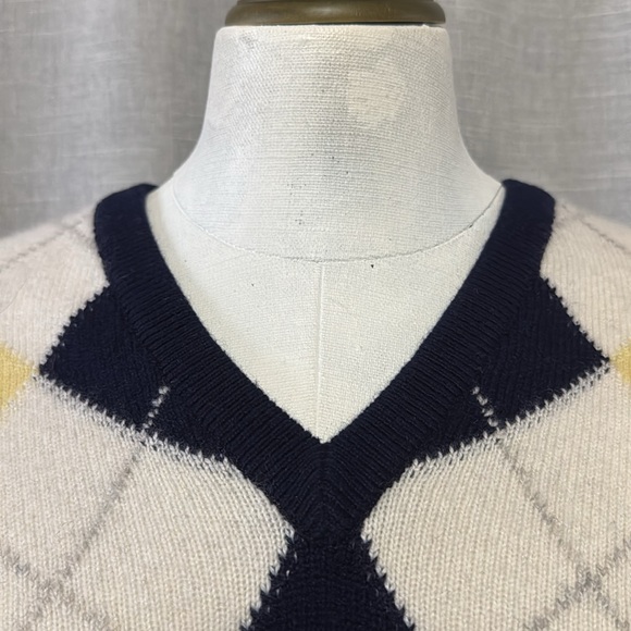NWT Vintage Cashmere V-Neck Sweater-Wmns Euro 38-Navy Yellow Green Argyle Print - Picture 3 of 16